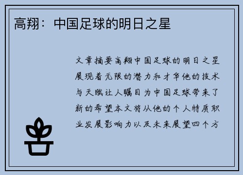 高翔：中国足球的明日之星
