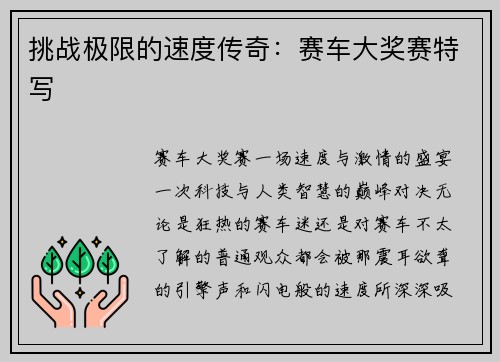 挑战极限的速度传奇：赛车大奖赛特写